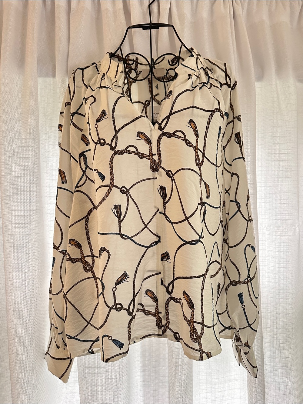 LOFT Cream Blouse with Navy and Brown Rope Print